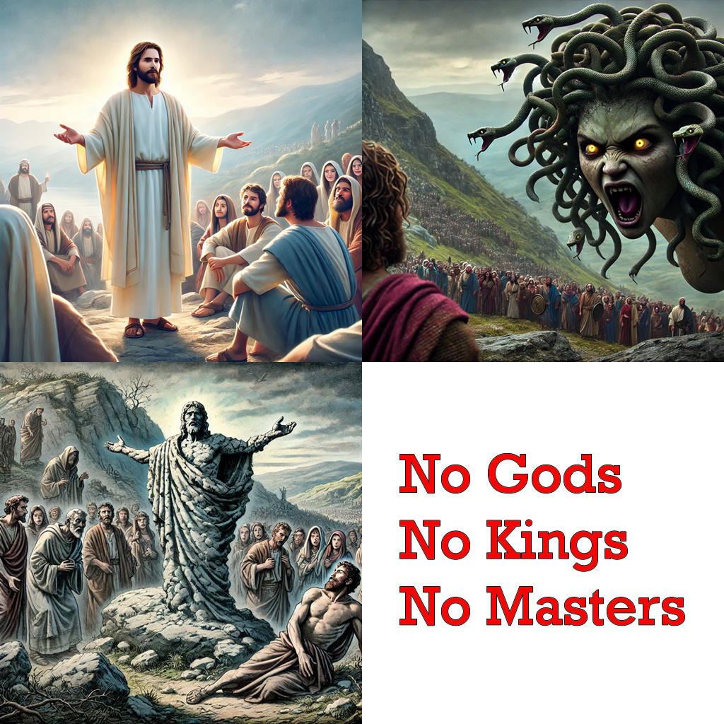 The meme is a humorous image that juxtaposes two seemingly contradictory images: a serene depiction of Jesus Christ surrounded by followers, and a terrifying scene of a giant snake-like creature (Medusa) with a crowd of people fleeing in terror. The text "No Gods. No Kings. No Masters" appears at the bottom of the image, suggesting a rejection of authority and a desire for freedom from oppression.